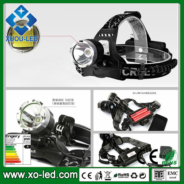 Zoomable 1800lm T6 LED Headlamp 12W Two 18650 Rechargeable Battery Powered Headlight