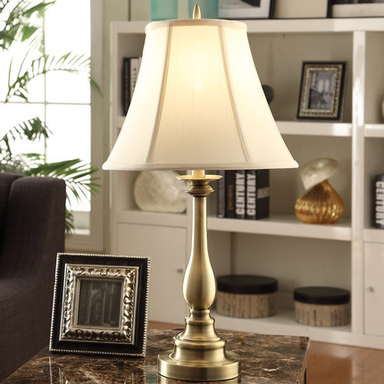 Antique Brass Table Lamps with Offwhtie Fabric Shade