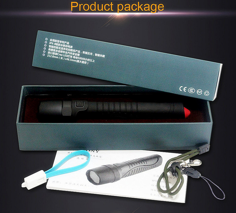 5W Ipx-8 Waterproof Rechargeable LED Flashlight with Powerbank