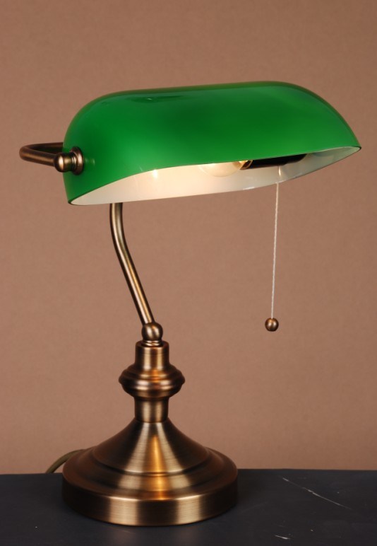 Antique Bankers Table Lamp with Green Glass Shade