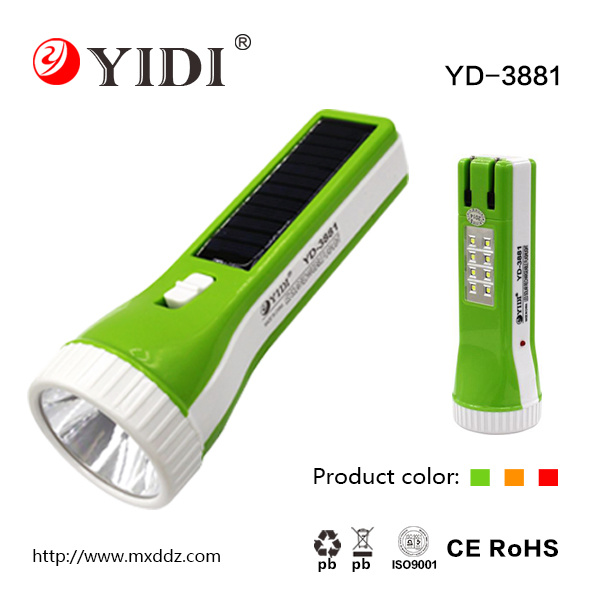 Hot High Quality Rechargeable Solar LED Flashlight 1W+8SMD Sidelight