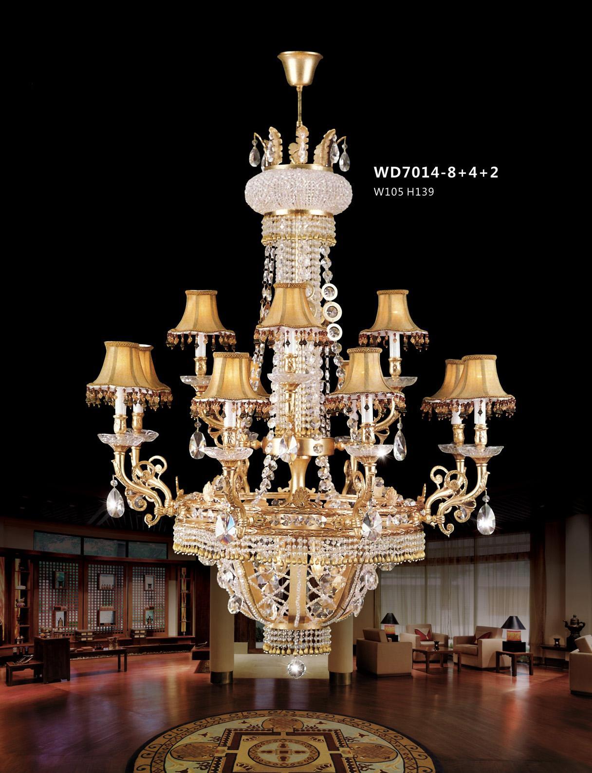 Classical Brass Crystal Pendant Lamp with Shade for Hotel