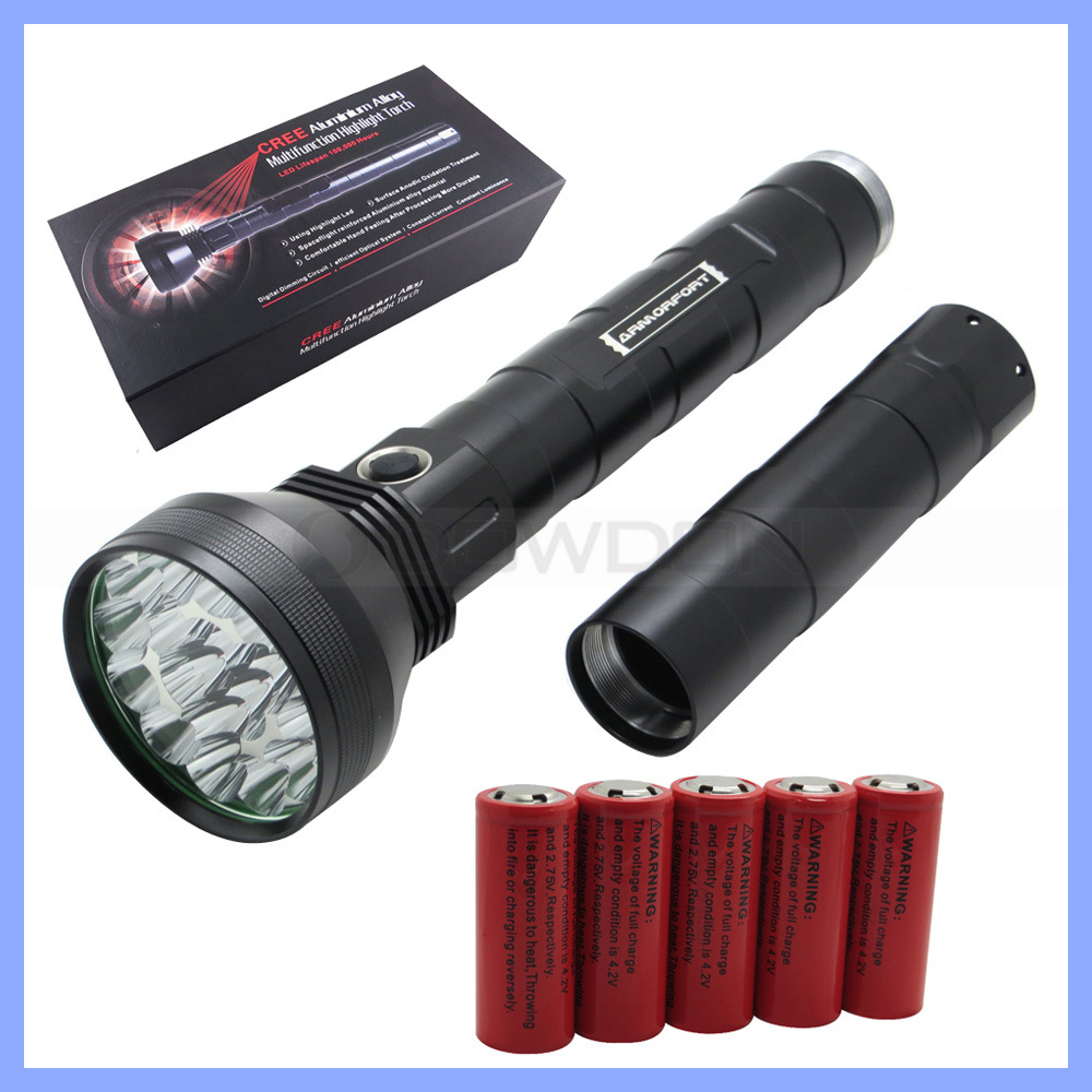 26650 Battery Operated Rechargeable CREE Xml T6 18 LED 22000lm High Power Black Aluminium Alloy Flashlight (FT003)