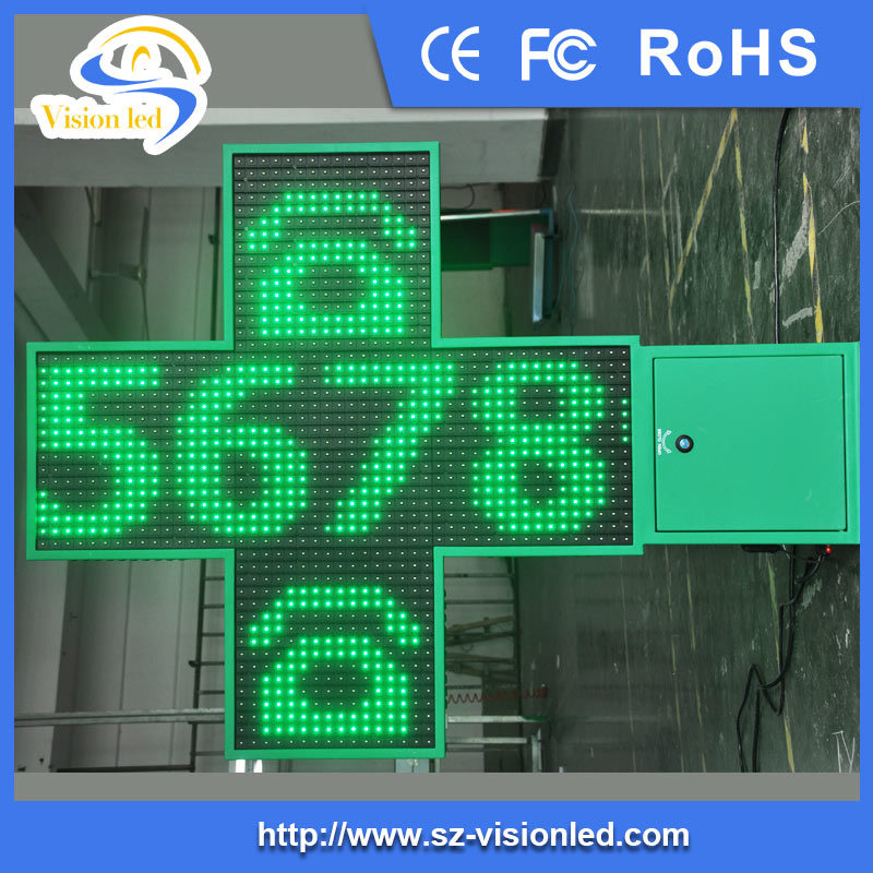 P12.5 Green Color Time Date Temperature Outdoor Advertising LED Cross Pharmacy Display