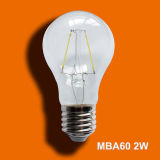 A60 2W Dimmable LED Filament Bulb with High Lumen and CE, RoHS, ERP, SAA Approved