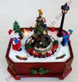 Polyresin Santa and Boy Watching Tree Rotating W/LED Light a and Music Box