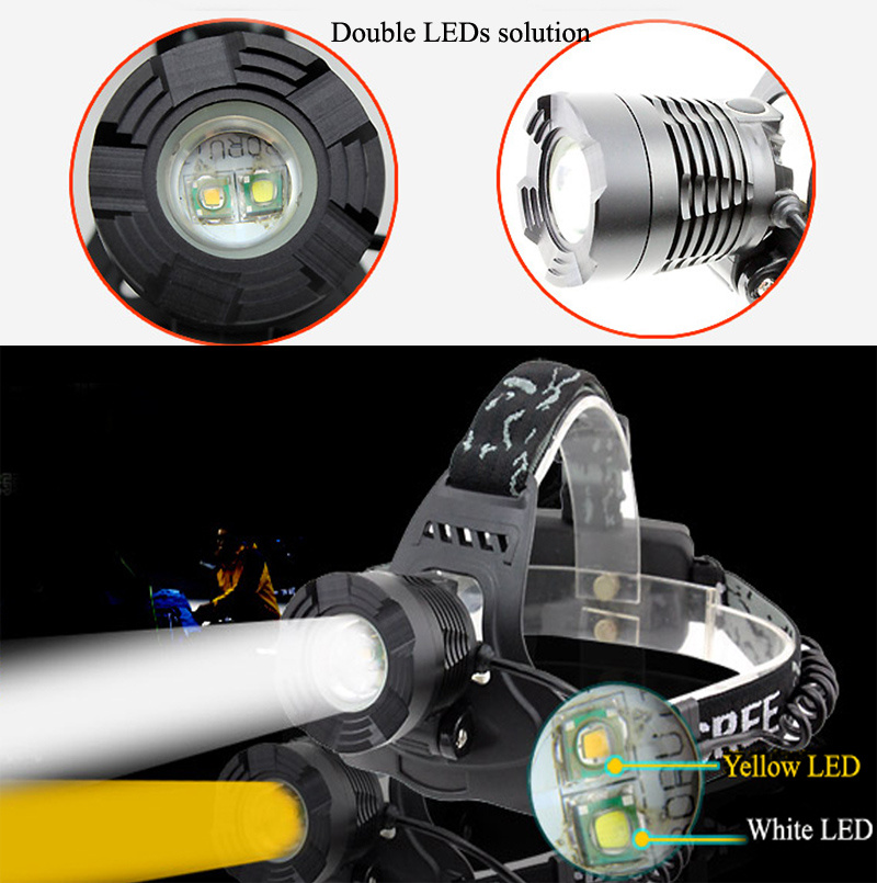 Double LEDs Headlamp One White LED + One Yellow LED