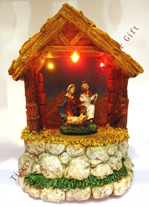 Polyresin Nativity Family Rotating W/LED Light and Music Box