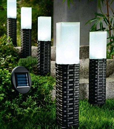 Socreative Hand-Woven Rattan Bollard Solar Light Pack of 5 Pathway Decoration Stake Light, Solar Garden Lights, Solar Pathway Lights, Solar LED Lights