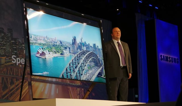 The Samsung 85-inch Ultra High Definition TV unveiled at CES today and showcased with pictures of Sydney on the screen